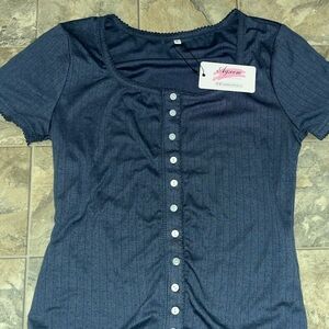 Women's Blue Button-Down Cropped baby tee Shirt